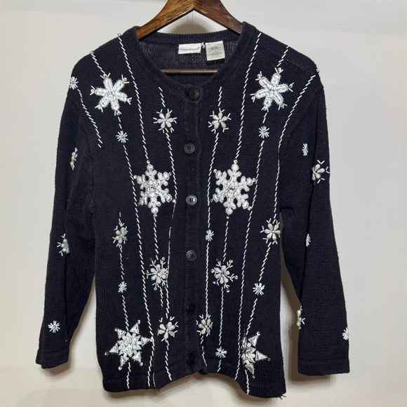 Bobbie Brooks Sweaters - Vintage 90s Black Button Up Cardigan With White Snowflakes Size Large Knitwear